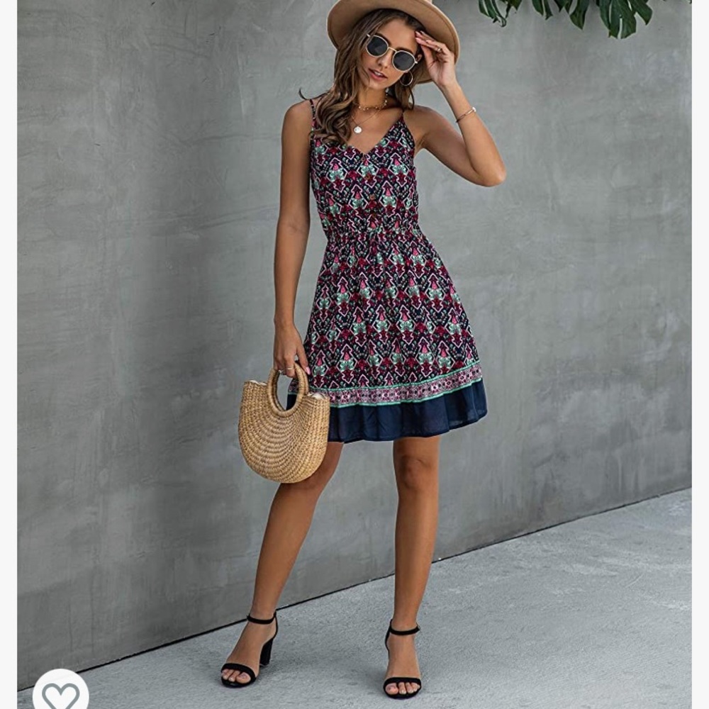 Pretty Garden Floral Navy, Green, and Pink Multicolored Spaghetti Strap Dress - Picture 2 of 13